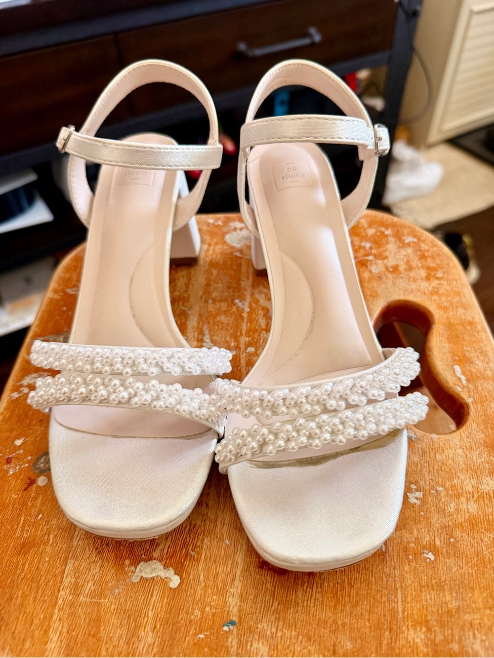 Pearl-Embellished Ivory Block Heel Sandals - Women